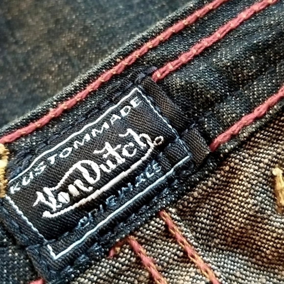 Y2k VON DUTCH Blue Purple Low Rise Flare Embroidery Patch Dark Wash Jeans 28 LN - Picture 3 of 16